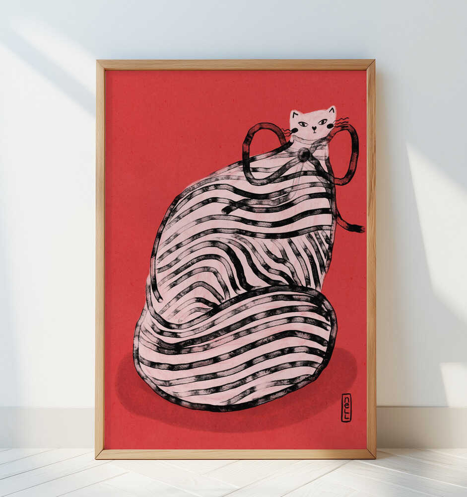 Framed striped cat art print. A playful artistic animal illustration adding character and modern charm to kids’ room decor.