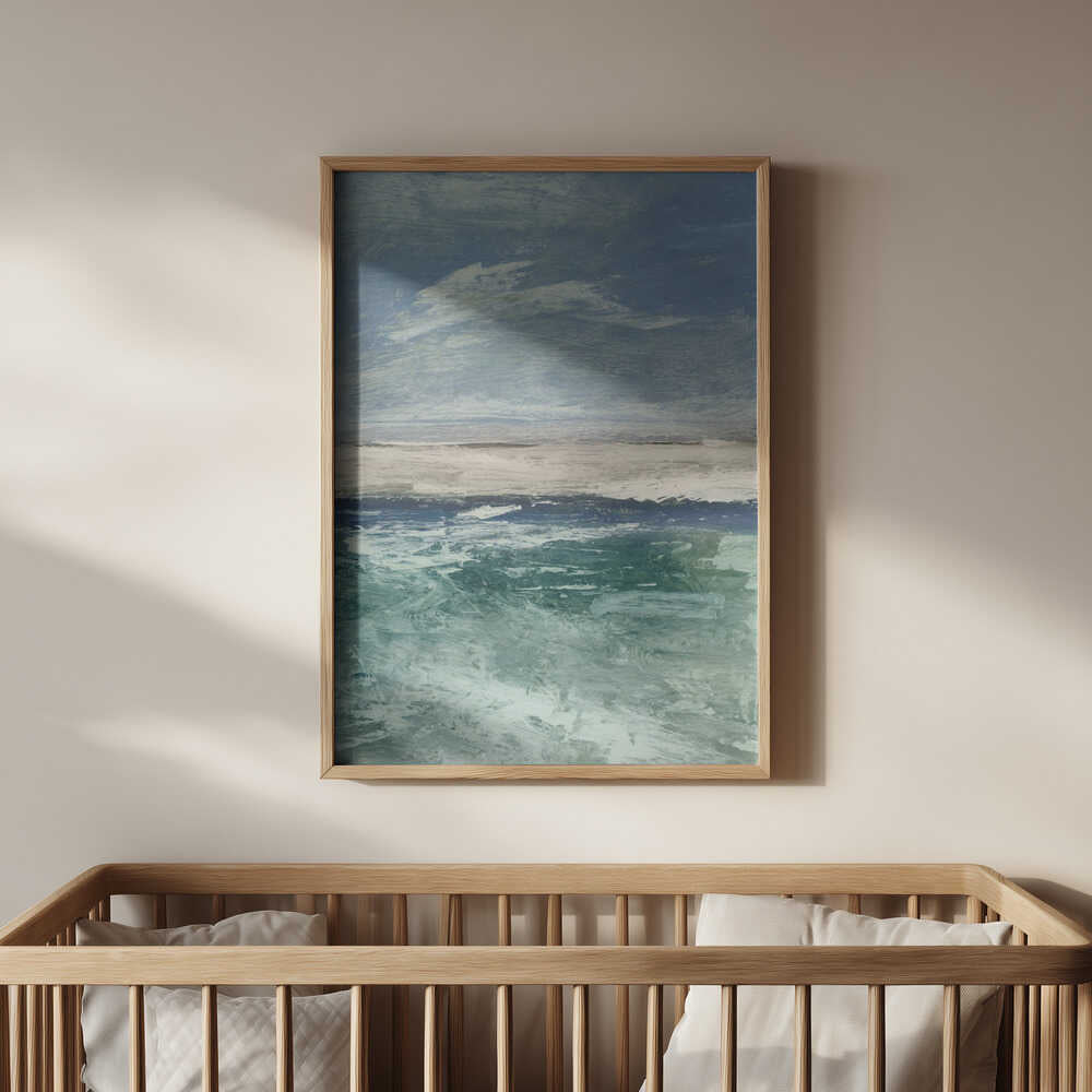 Abstract poster with blue and green colours hanging on the wall