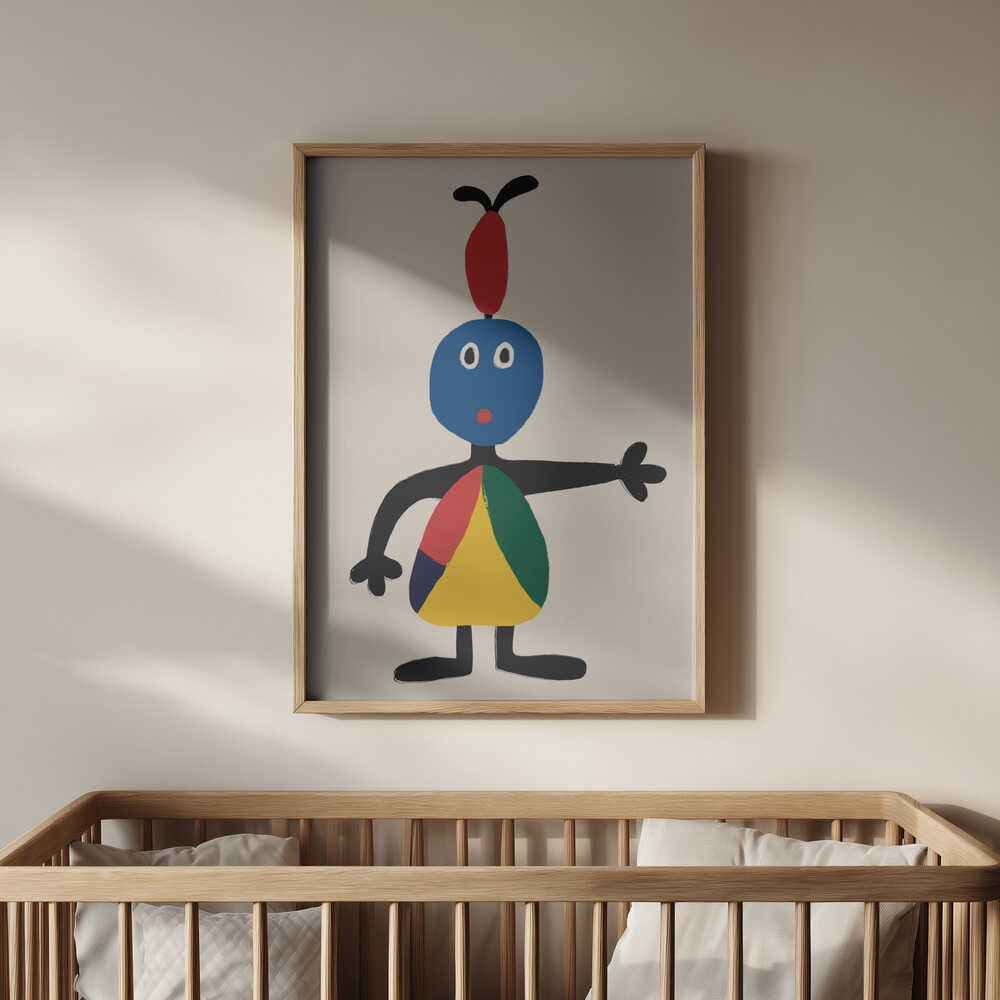 Framed abstract figure print above a wooden crib, modern nursery decor that blends color and character with Scandinavian simplicity.