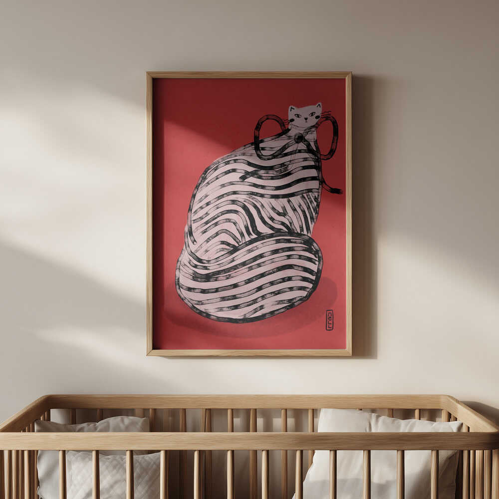 Framed artistic cat illustration above natural wood crib, minimal nursery design with unique striped cat artwork for modern, stylish baby room decor.